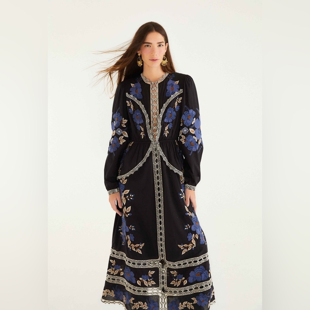 Farm Rio: Black Bold Flowers Long Sleeve Midi Dress